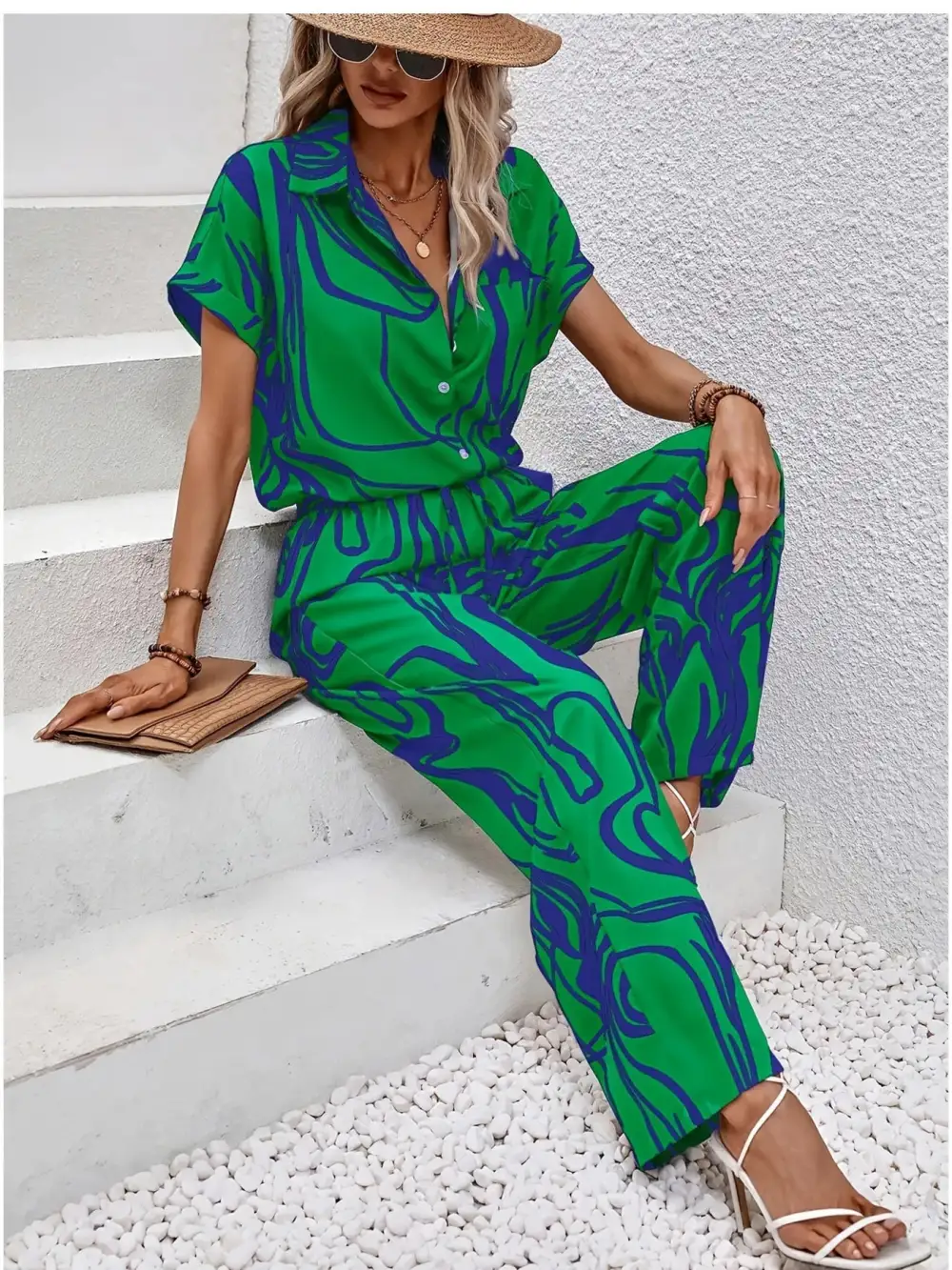 Button Front Printed Jumpsuit