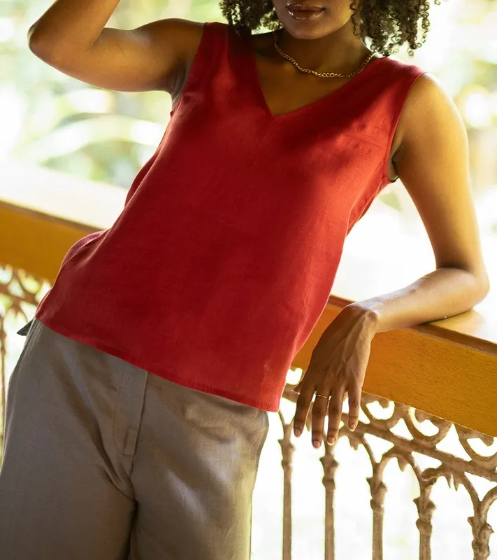 Rust Red Linen V-Neck Tank