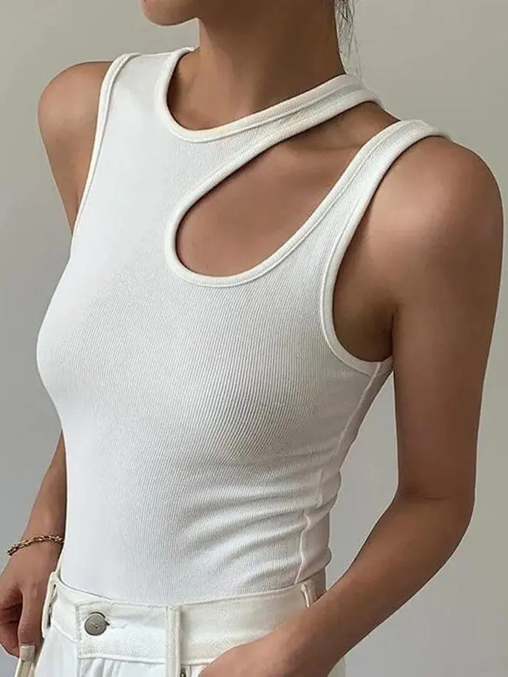 Asymmetric Crew-Neck Ribbed Sheer Tank Top