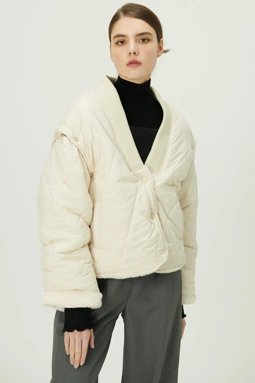 Eileen Quilted Sherpa Coat w/Detachable Sleeve