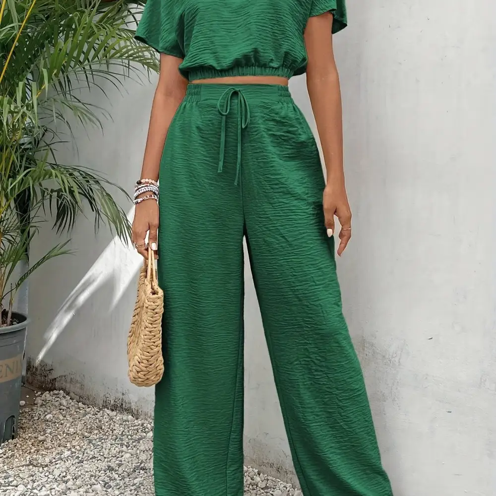 Two-Piece Set: Breezy Spring/Summer (Batwing Top, Tie Front Pants)