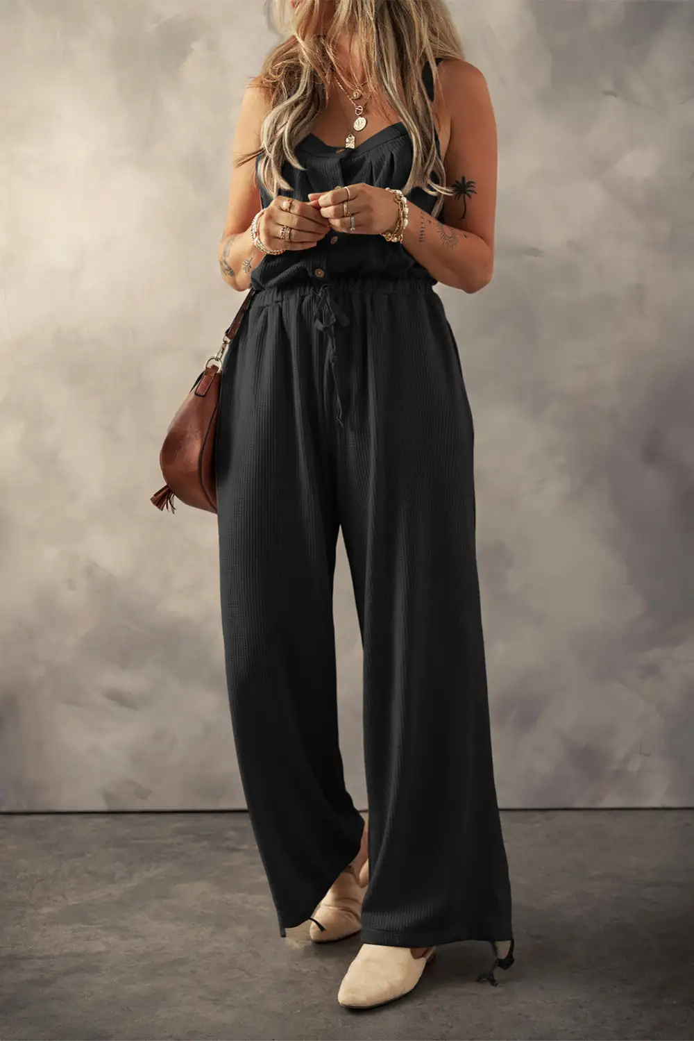 Relaxed Knotted Straps Button Textured Drawstring Jumpsuit