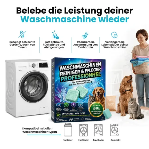 Washing Machine Cleaner Tablets for Pet Hair & Odor Removal, Deep Clean for Front-Load & Top-Load Washers