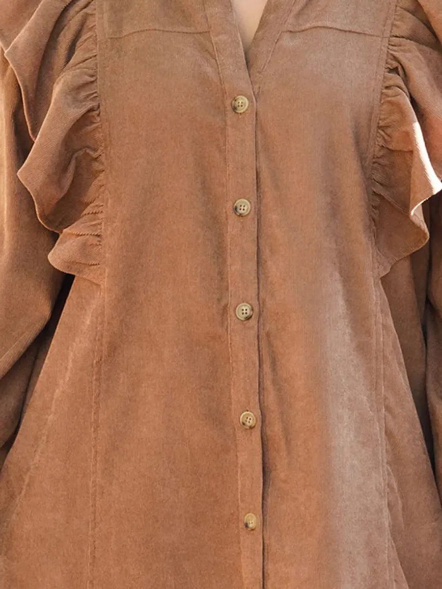 V-Neck Ruffled Button Loose Fitting Dress