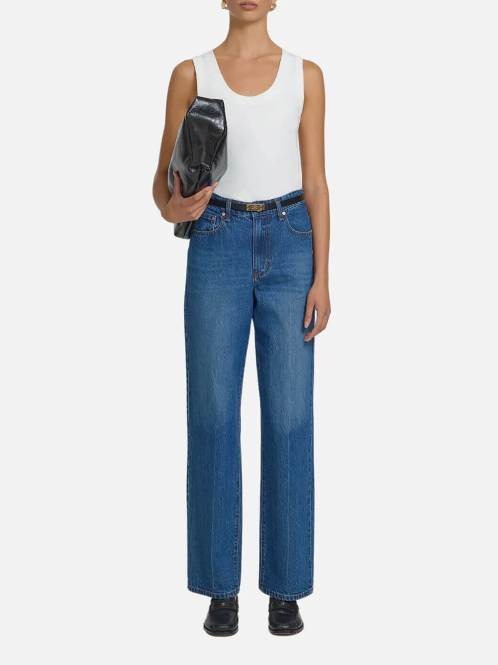 Washed Straight Jeans with Leather Patch