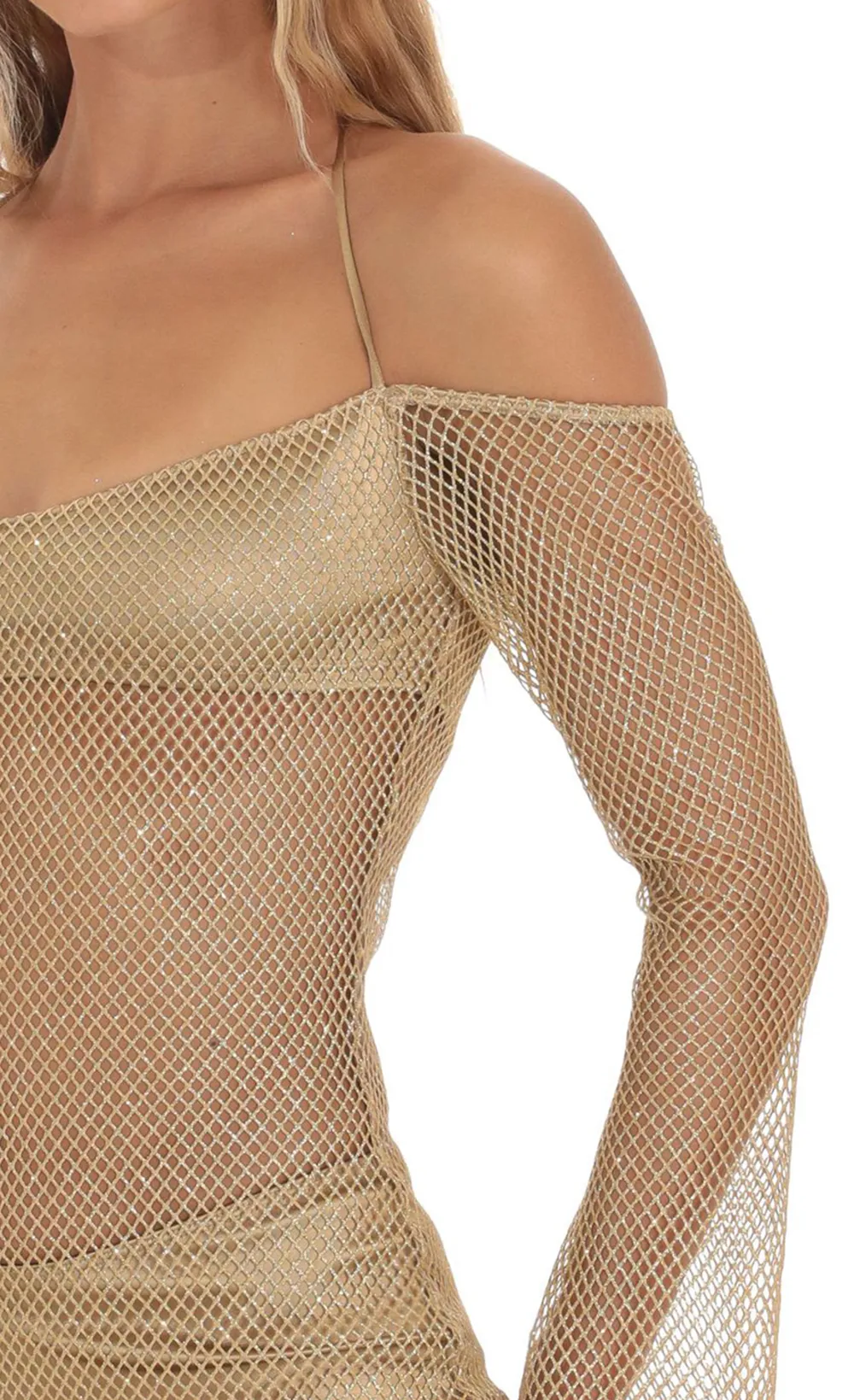 Shimmer Fishnet Off Shoulder Dress in Gold