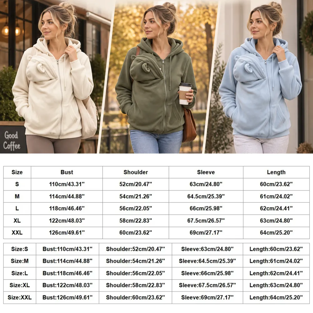 Kangaroo Mom Hoodie Loose Zip-Up Hooded Sweatshirt Mom Babywearing Warm Jacket
