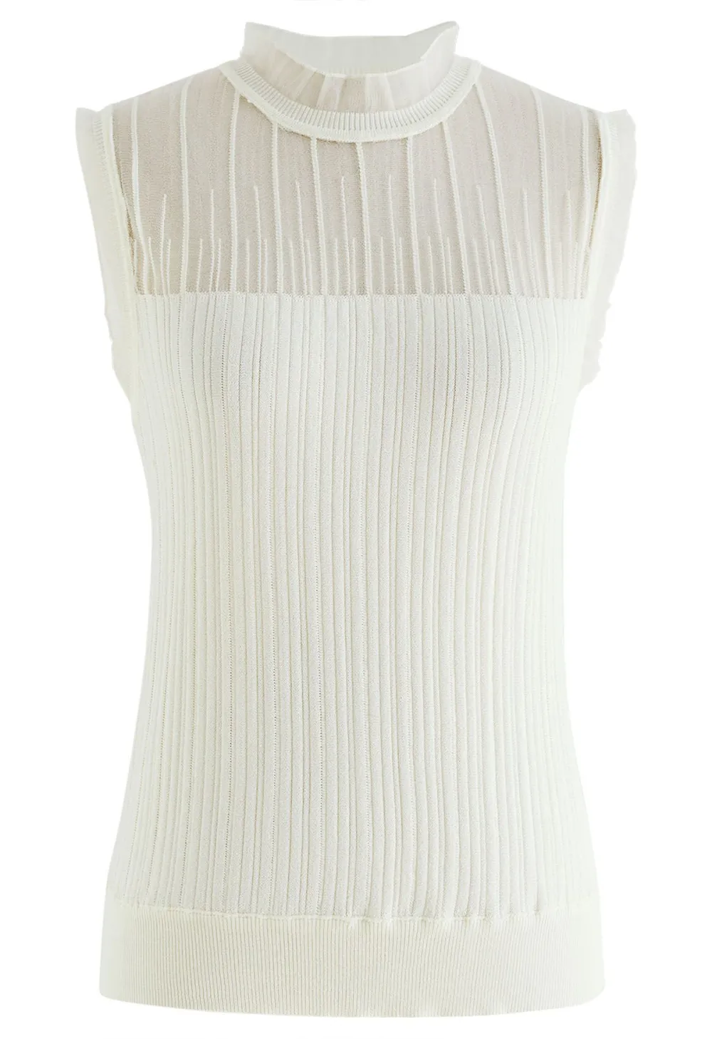 RUFFLED MOCK NECK MESH SPLICED KNIT TOP IN IVORY