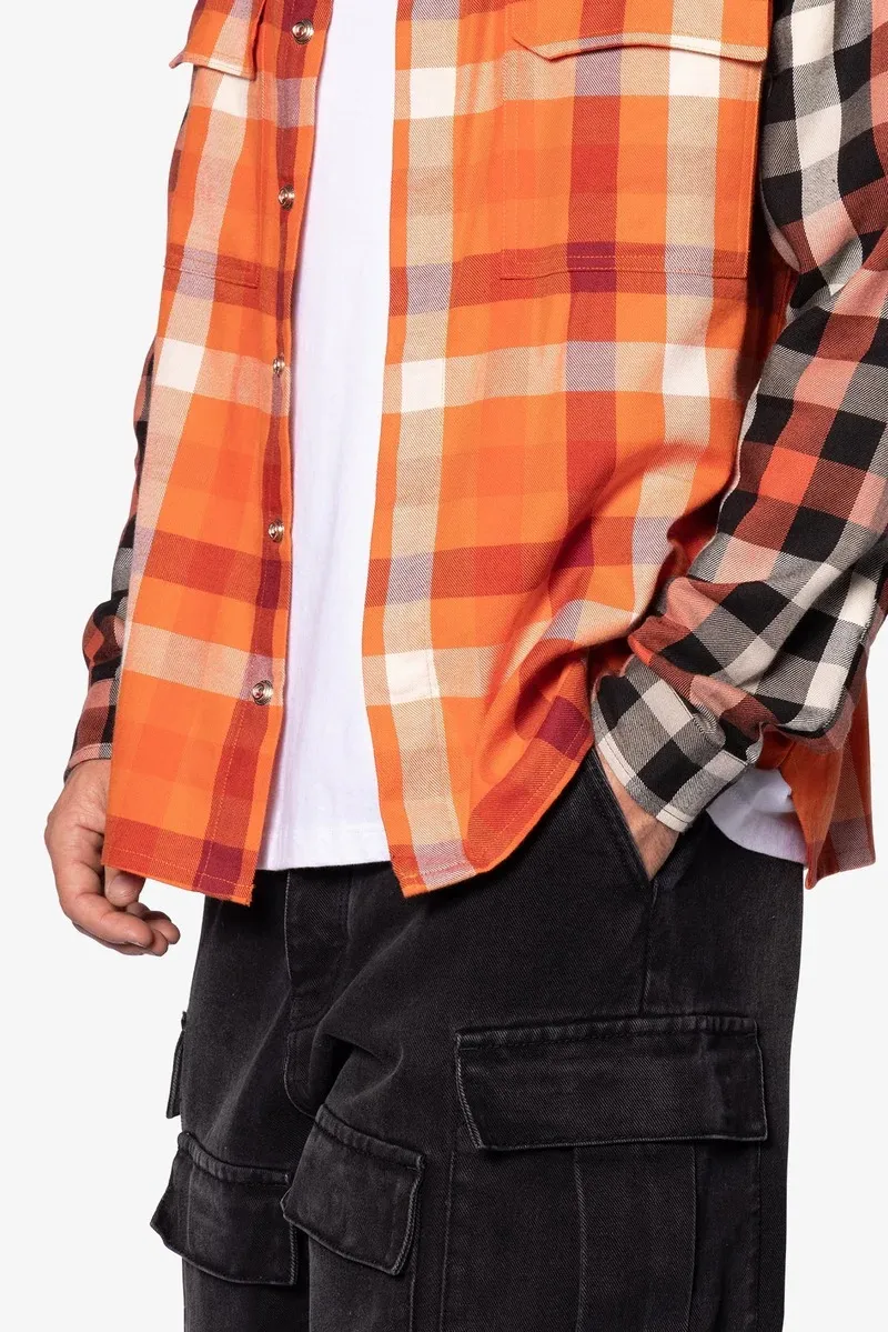 ORANGE AND BLACK PLAID FLANNEL SHIRT