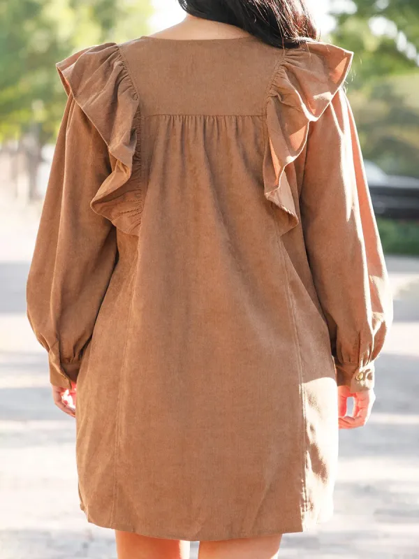 V-neck ruffled button loose fitting dress