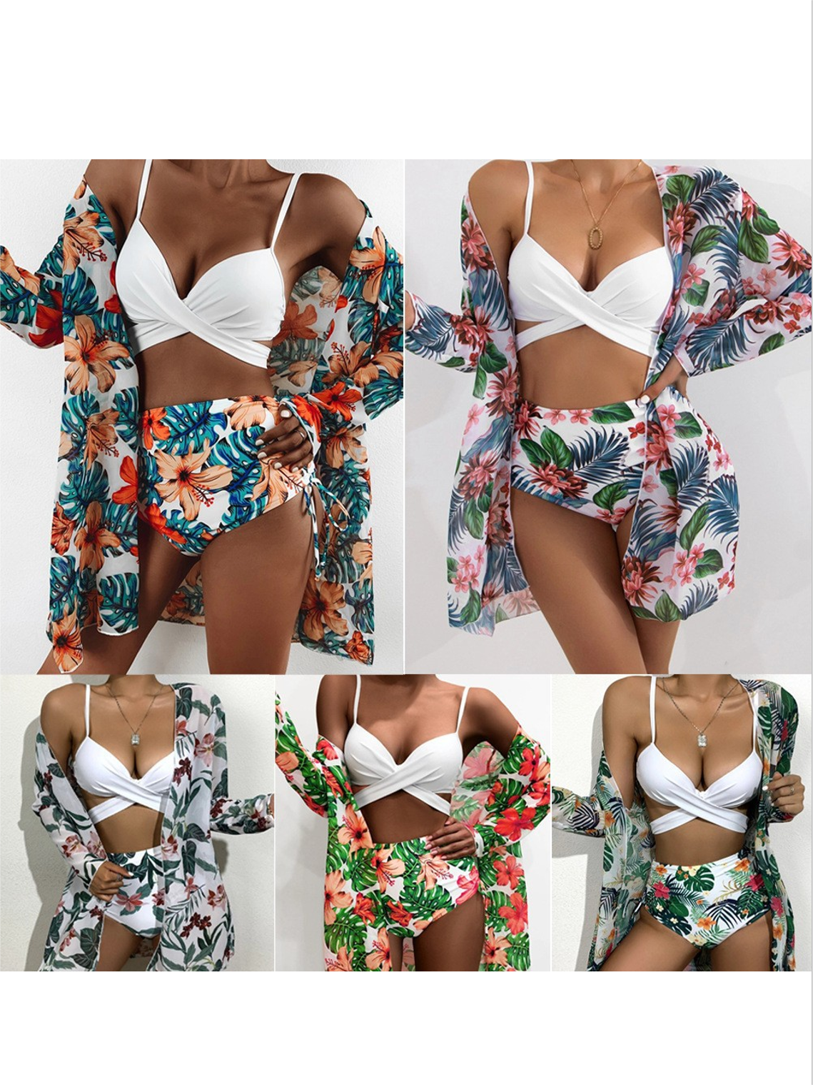 Printed High-waisted Bikini Chiffon Three-piece Swimsuit