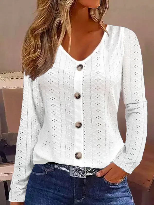 Buttoned Plain Casual Eyelet Embroidery Shirt