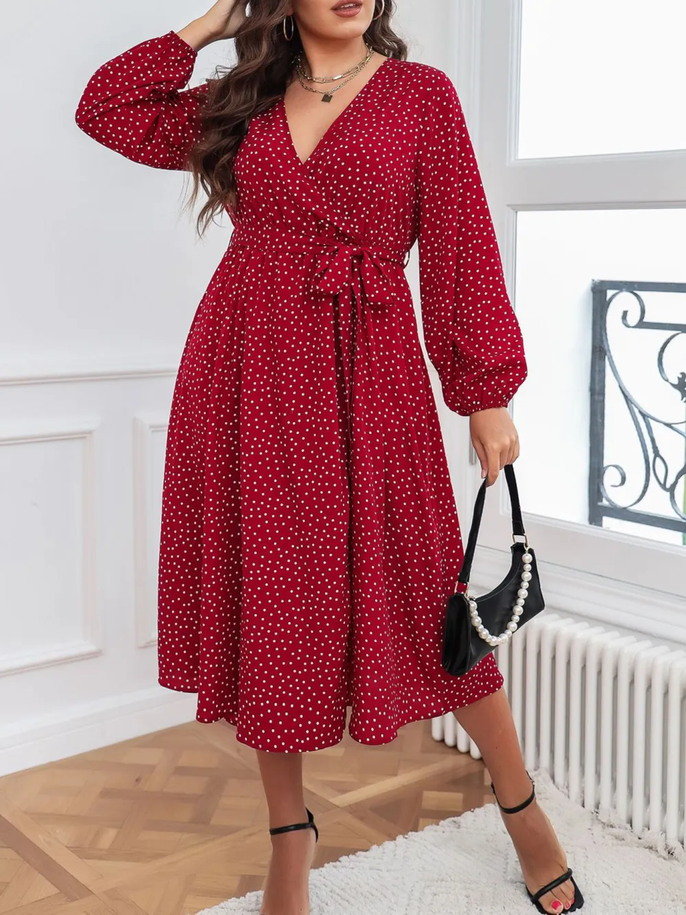 Literary Temperament Red Plus Size Dress Polka Dot Long Sleeves Women Clothing