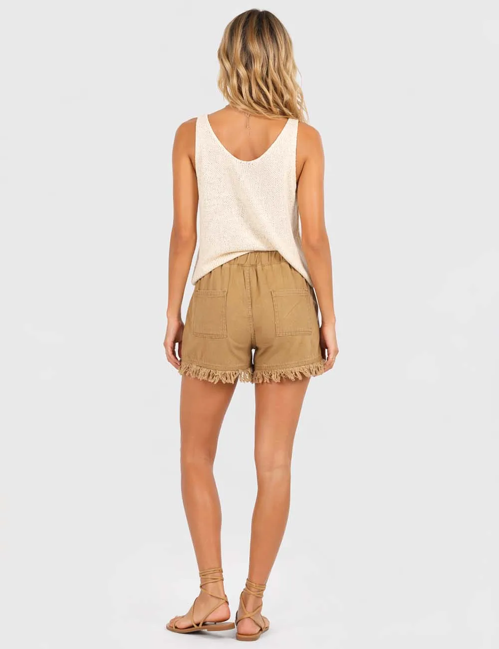 Solid Color Drawstring Waist Frayed Hem Denim Shorts