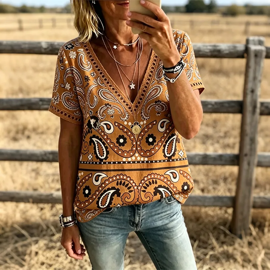 Women's Paisley Print V Neck Trim Short Sleeve Boho Western Shirt
