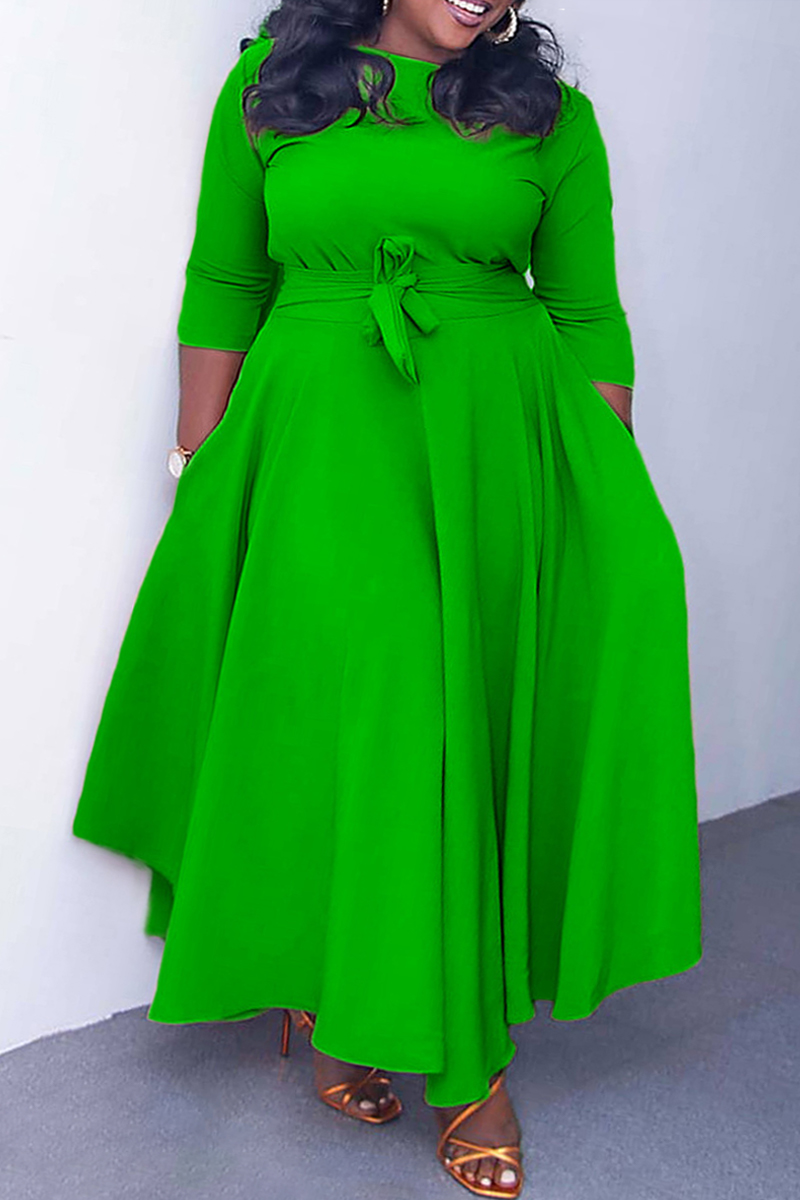 Elegant Solid Patchwork O Neck Waist Skirt Plus Size Dresses(With Belt)