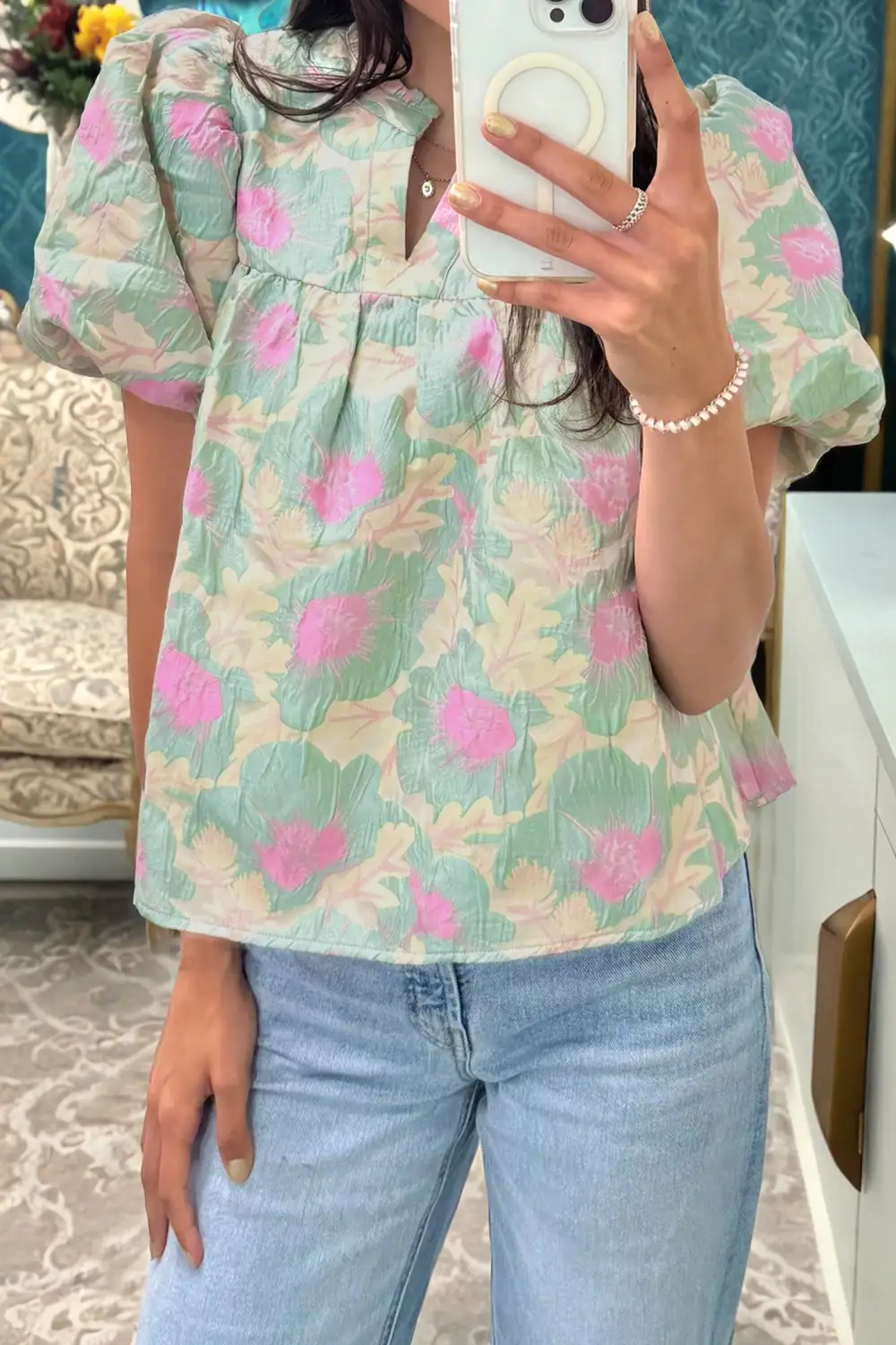 Green Short Bubble Sleeve Summer Floral Blouse