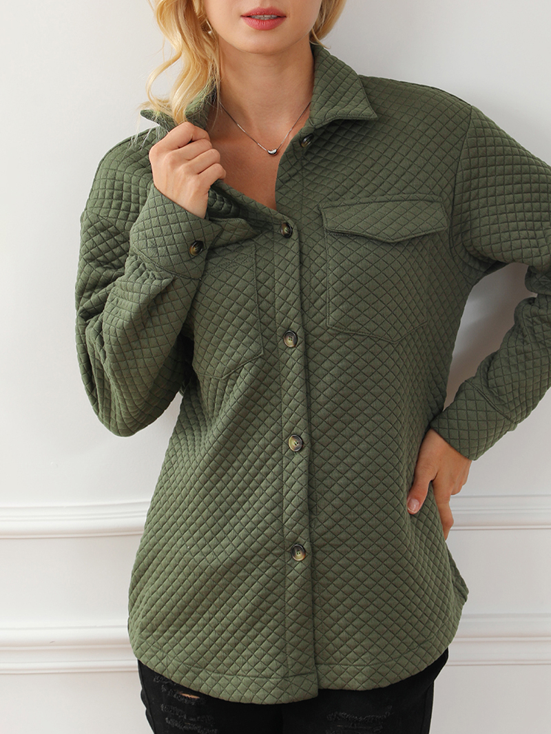 Green Retro Quilted Flap Pocket Button Shacket