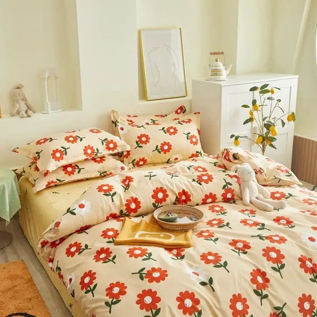 (Store Closing Sale) Flower Duvet Cover Bedding Set Peach Daisy Pastoral style Flat Bed Sheet