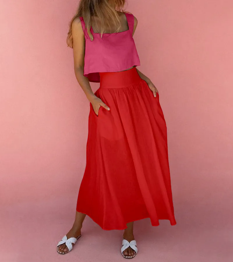 Square Neck Top with A-line Skirt 2pieces Set