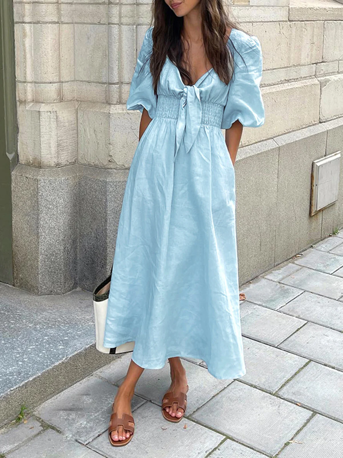 Linen Cotton Front Tie Midi Dress