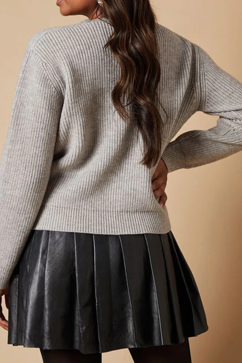 Casual Style Crystal Bow Button Grey Marl Sweaters