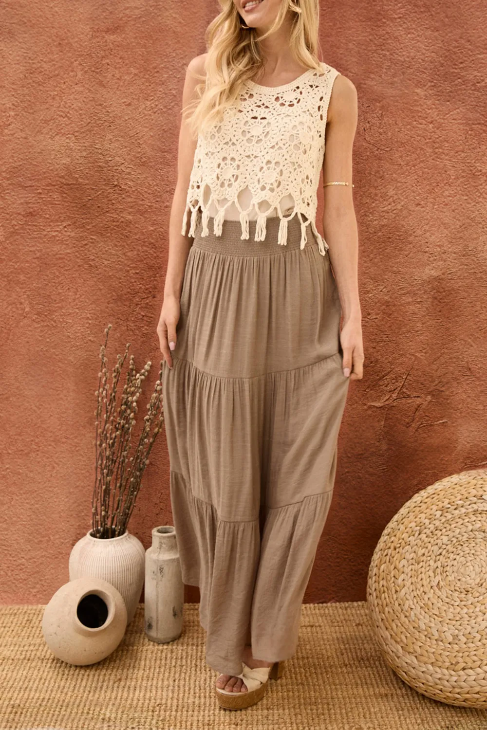 Women's Light Brown Pleated Waist Cake Layered Long Skirt