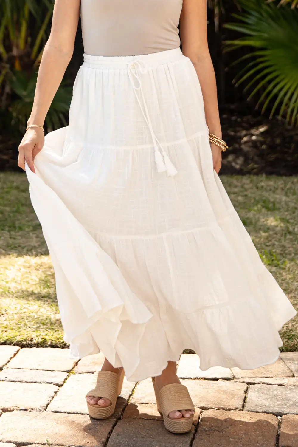 Utility Mid Rise Elastic Waist Drawstring Maxi Skirt