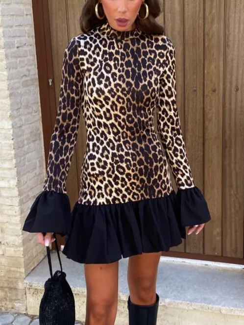 Leopard Print Ruffled Sexy Mini Dress