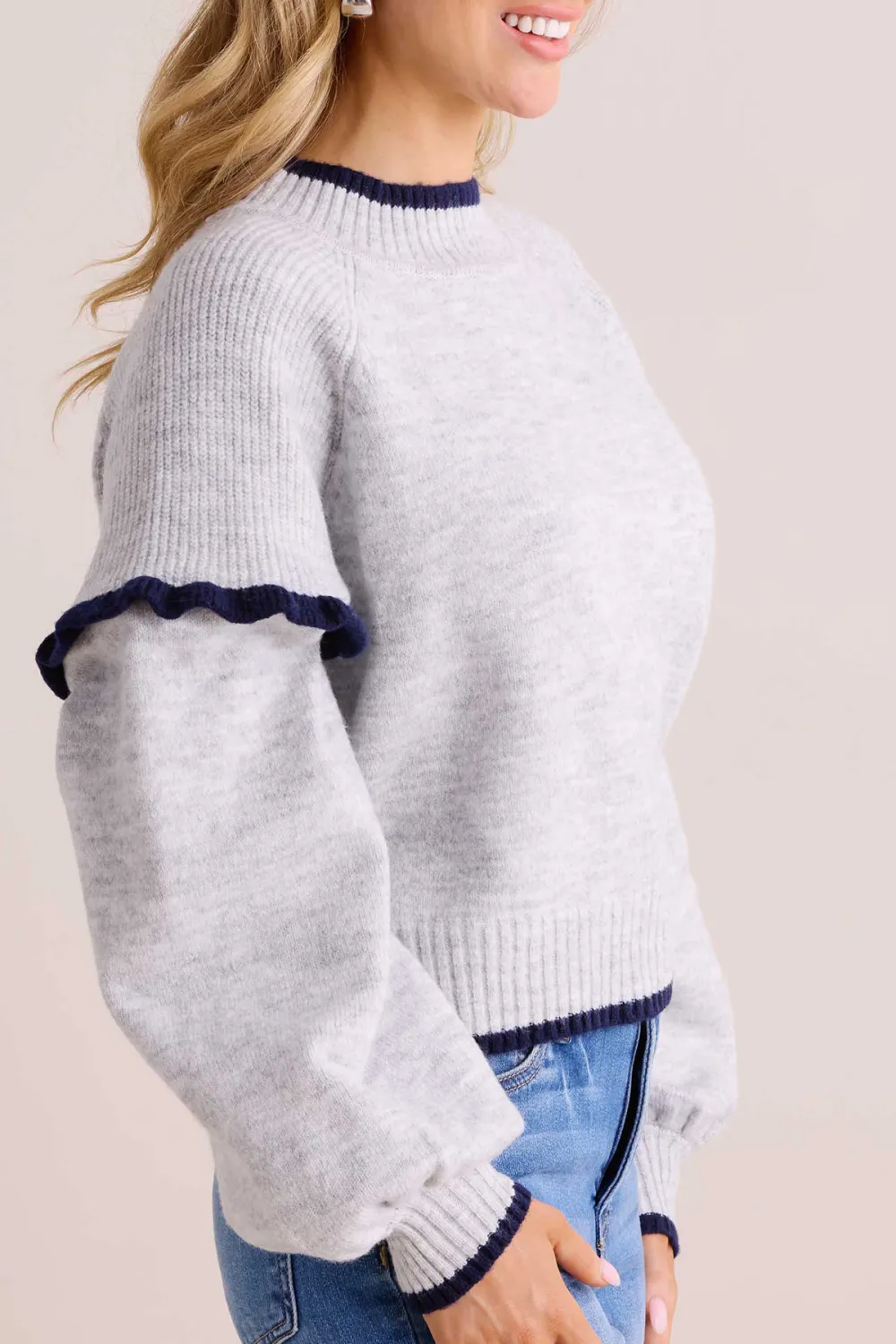 Grey Contrast Trim Crew Neck Long Sleeve Sweater