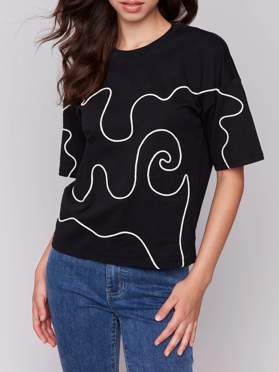 Fashion Abstract Line Drawing Cotton Short Sleeve