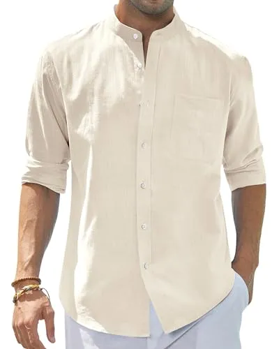 Men's Cotton Linen Long Sleeve Shirts Casual Button Down Banded Collar Shirt Beach Summer Tops with Pocket