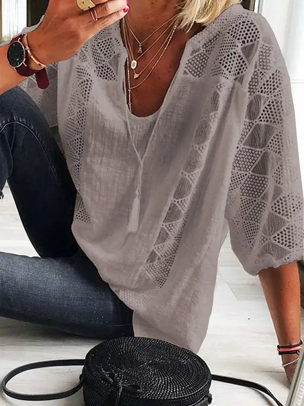 Minimal Casual Cutout Lace Detail Panel Detail U-Neck T-Shirt