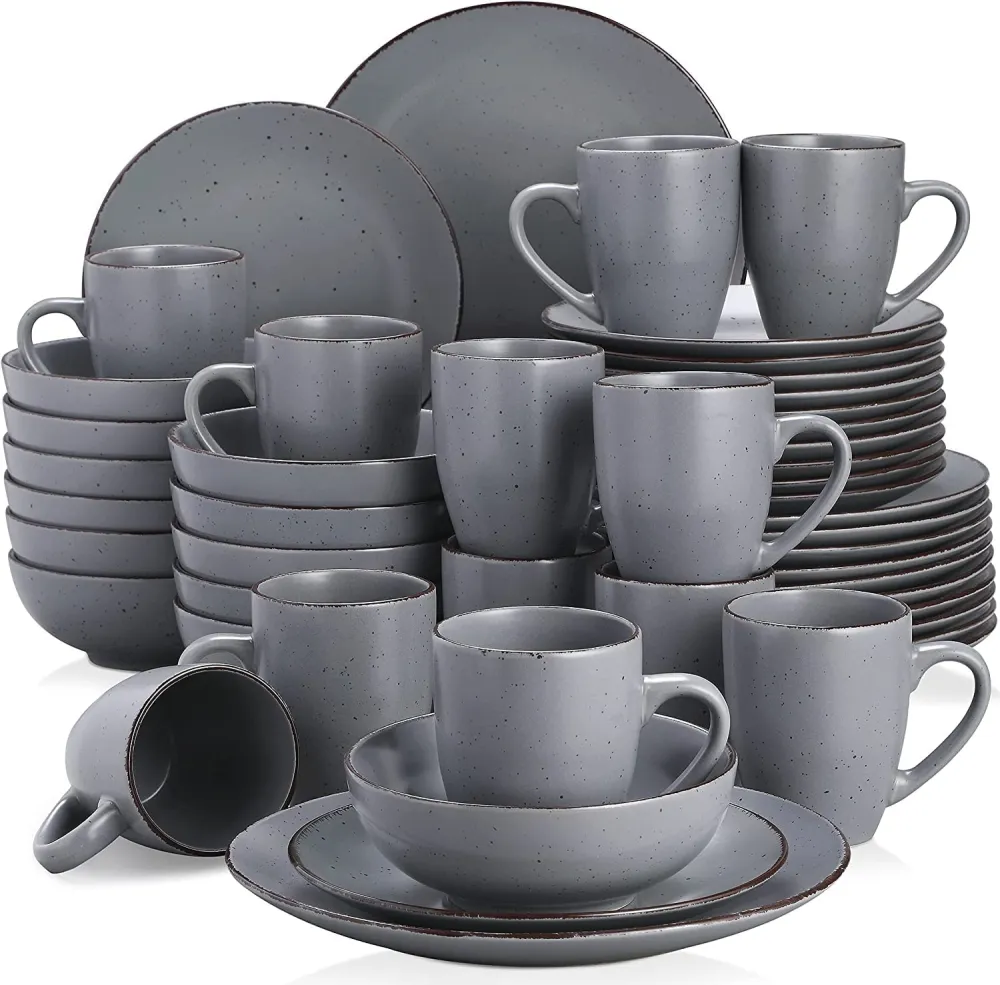 vancasso Navia Ceramic Dinnerware Set, 48 pieces Set of 12 Stoneware Spray Spot Patterned Service Dish with Dinner Plates, Salad Plates, Bowls, Mugs - Grey