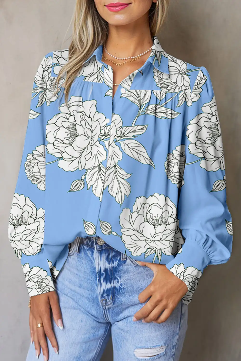Floral Pleated Button Front Shirt Blouse