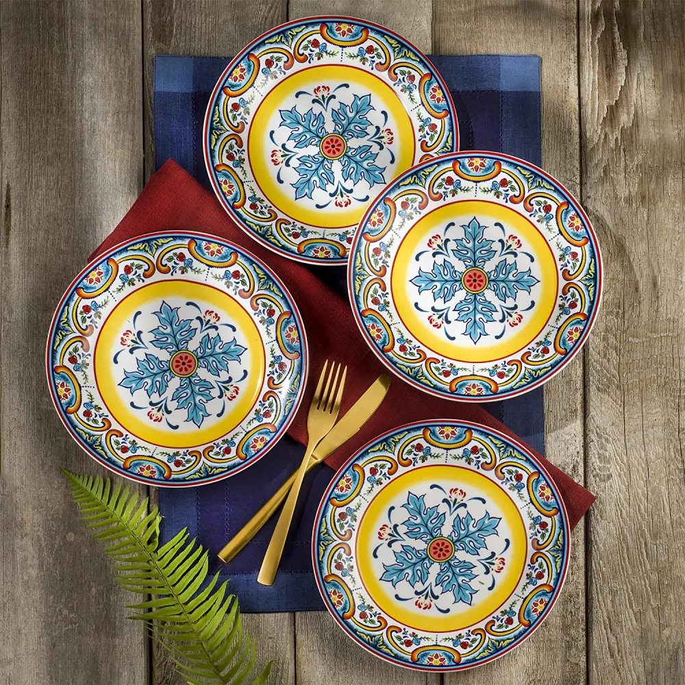 Euro Ceramica Zanzibar Double Bowl 16-Piece Dinnerware Set | Fine Kitchenware | Floral Multicolor Design Stoneware Tableware Service For 4