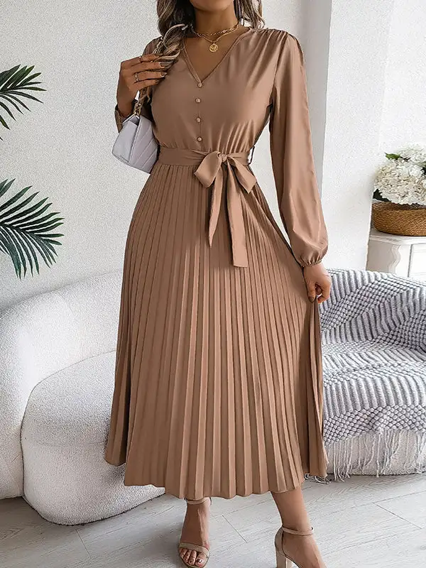 Pleated Buttoned Belted Long Neck Maxi Dress