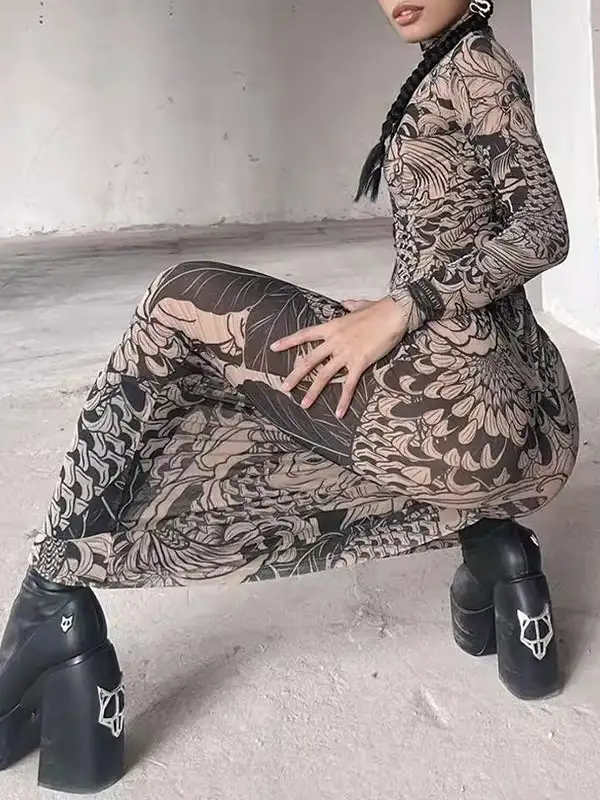 Sleeves Printed Long Neck Maxi Dress