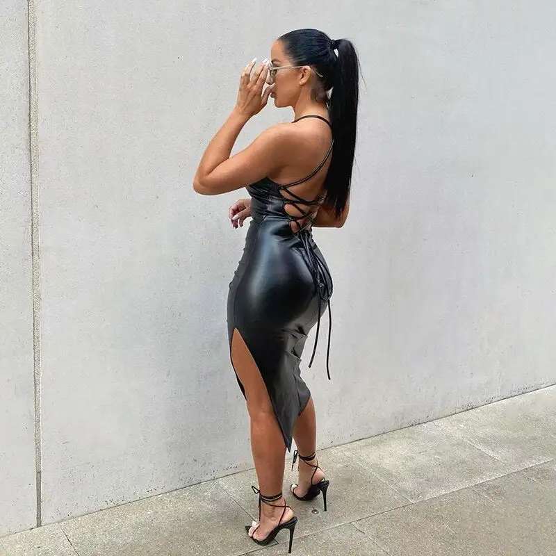 Dominique Back Lace Up Sexy Bodycon Slit Leather Dress