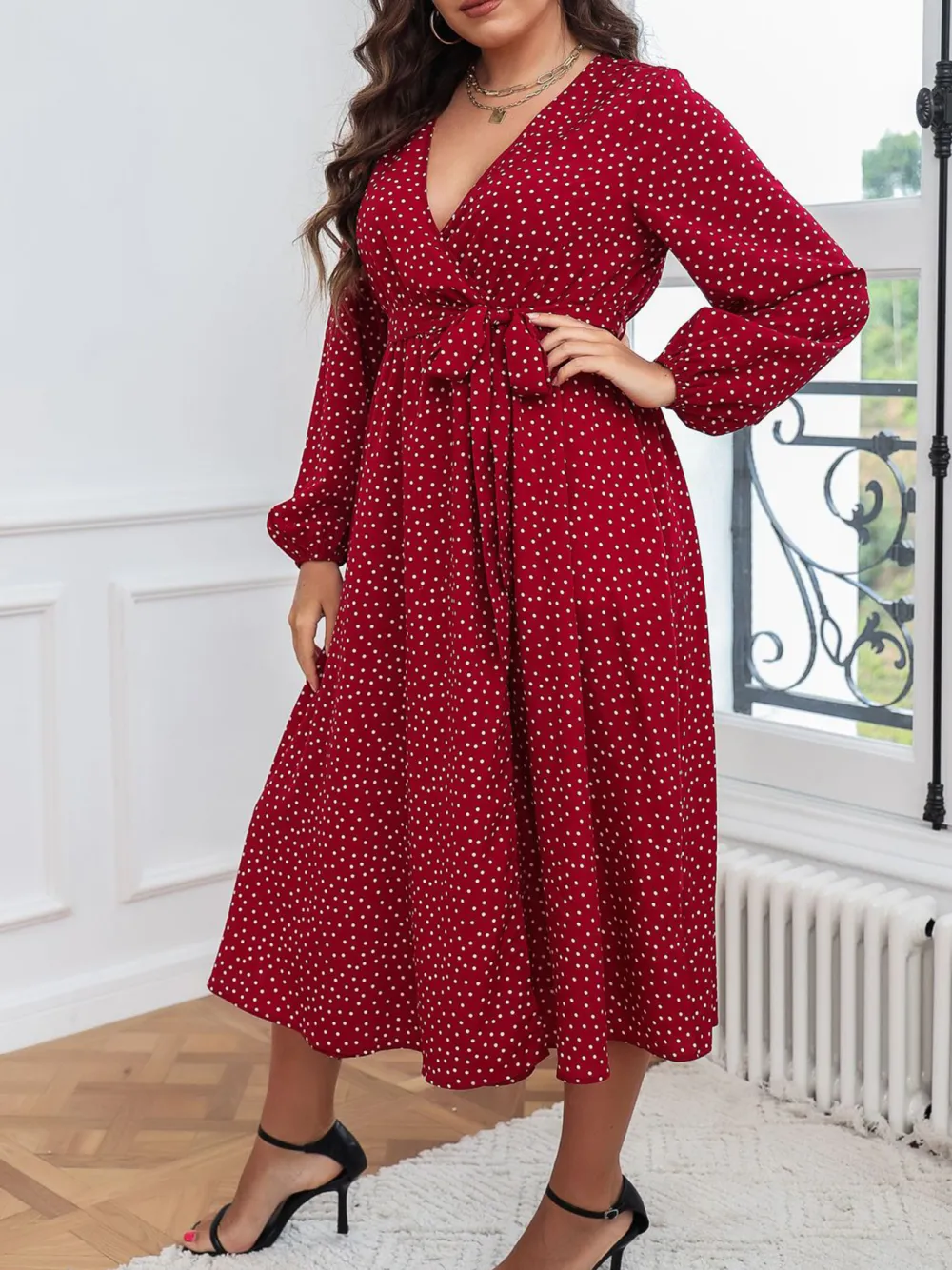 Literary Temperament Red Plus Size Dress Polka Dot Long Sleeves Women Clothing