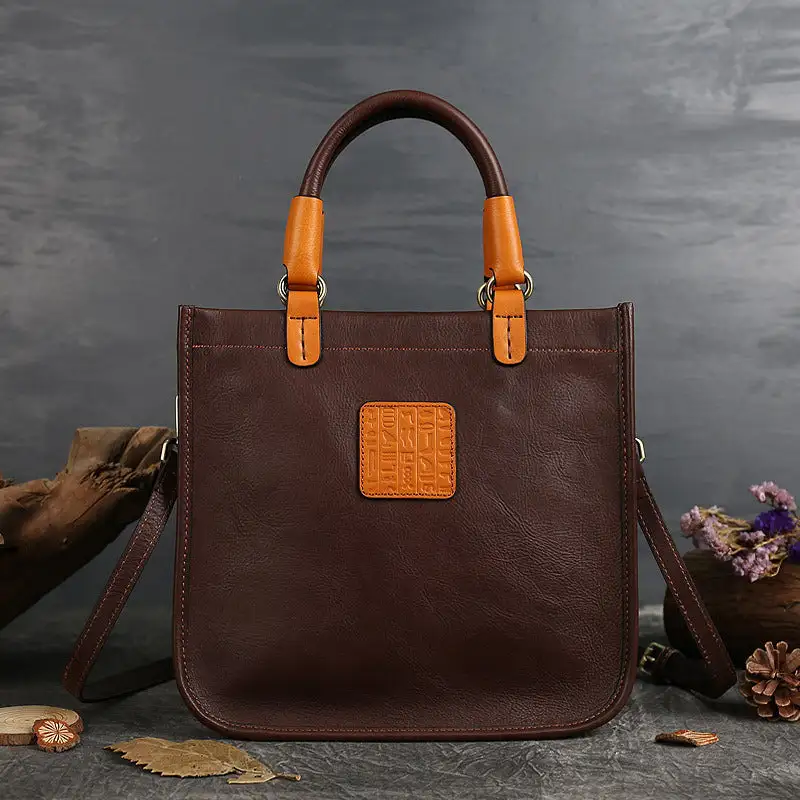 Genuine Cowhide Leather Messenger Bag Vertical Square