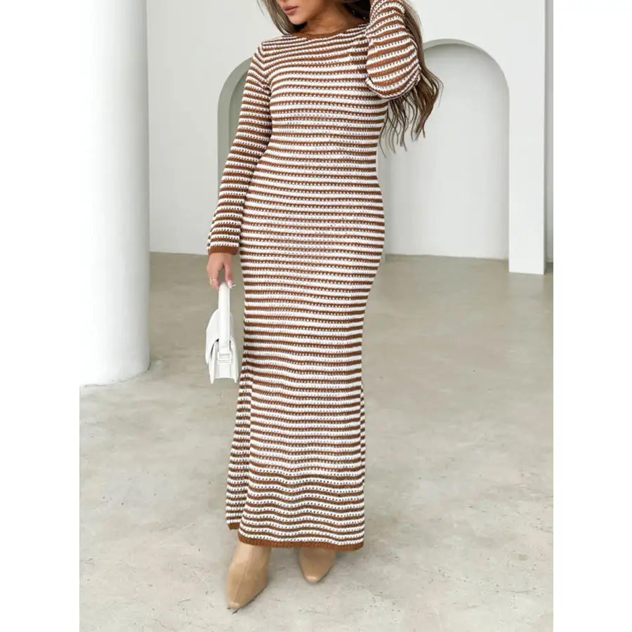 Devine Tied Round Neck Striped Sweater Dress