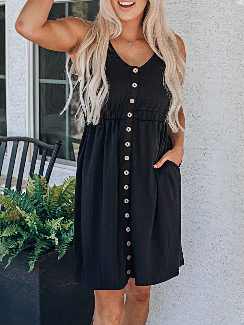Black Button Front Sleeveless Mini Dress