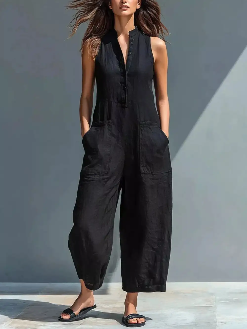 Button Front Sleeveless Jumpsuit