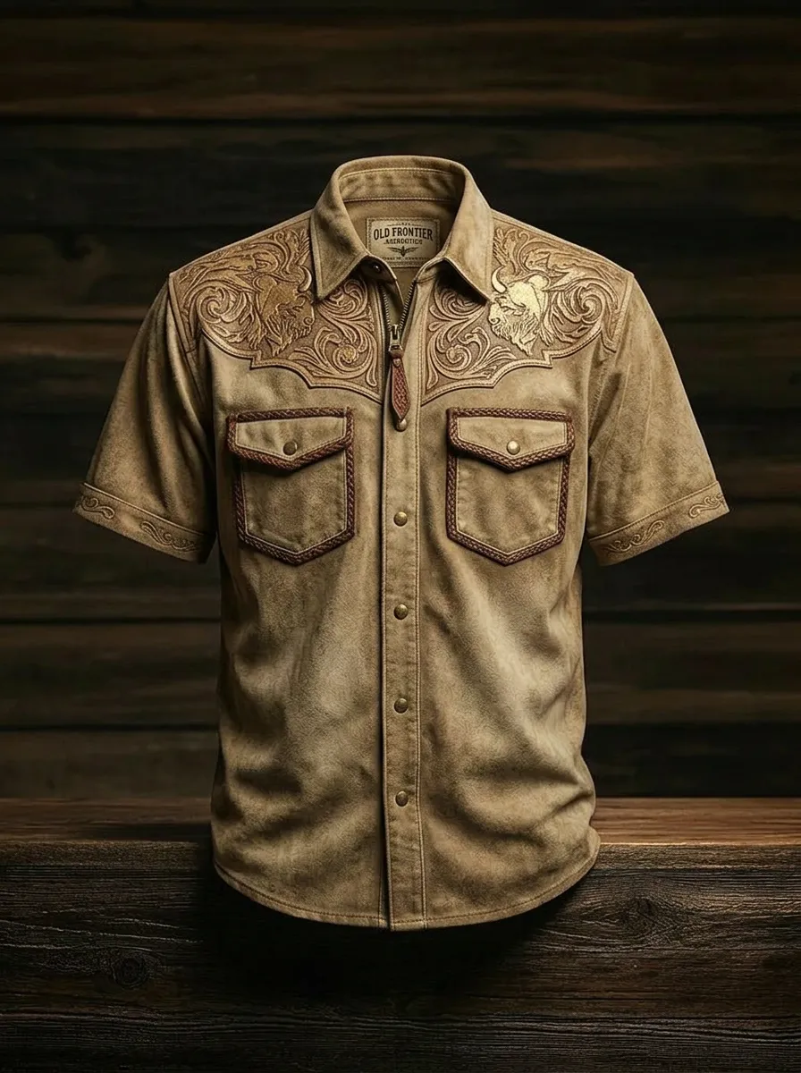 Men's Western Style Buffalo Floral Embossed Printed Shirt