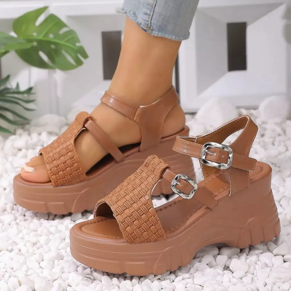 Buttoned Classic Open Toe Wedge Sandals