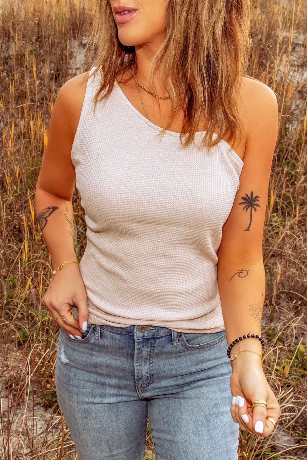 Natural Asymmetrical One Shoulder Ribbed Tank Top