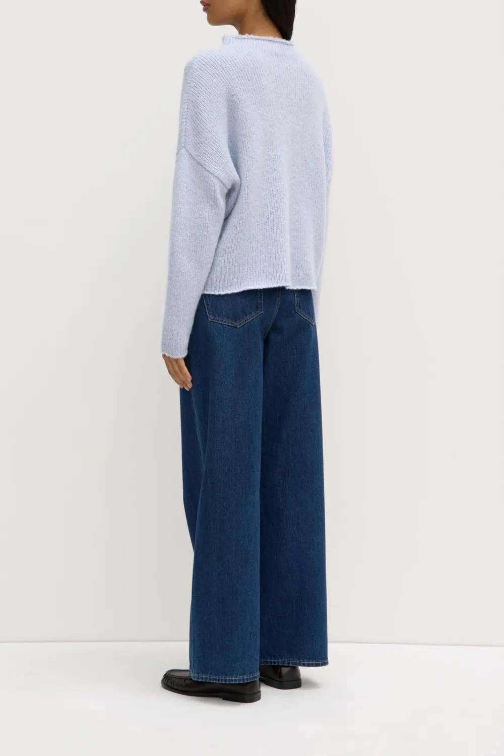 Loose Knit Sweater With Shoulder Drop And Stand Up Collar