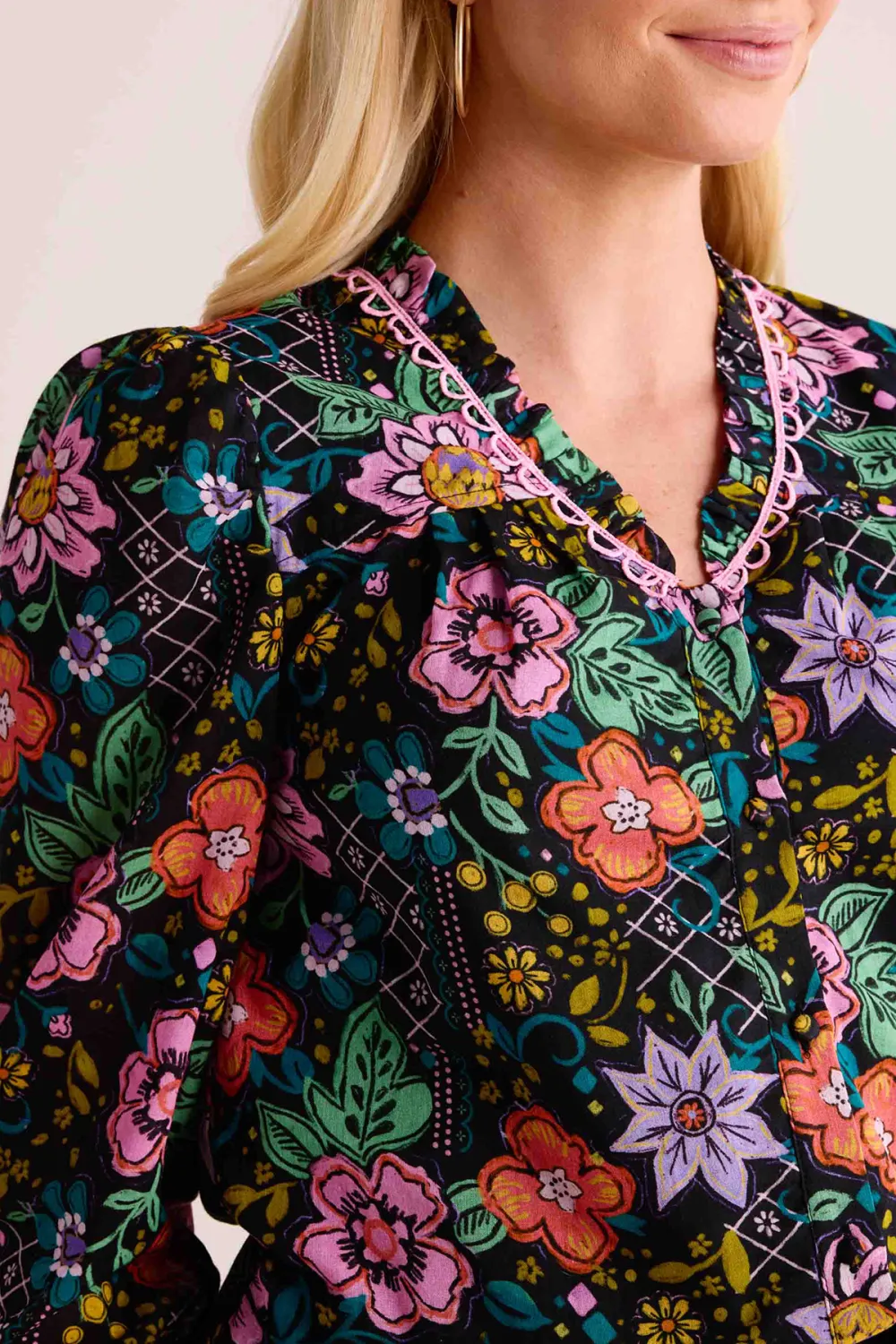 Multicolored Floral Print V-Neck Long Sleeve Blouse
