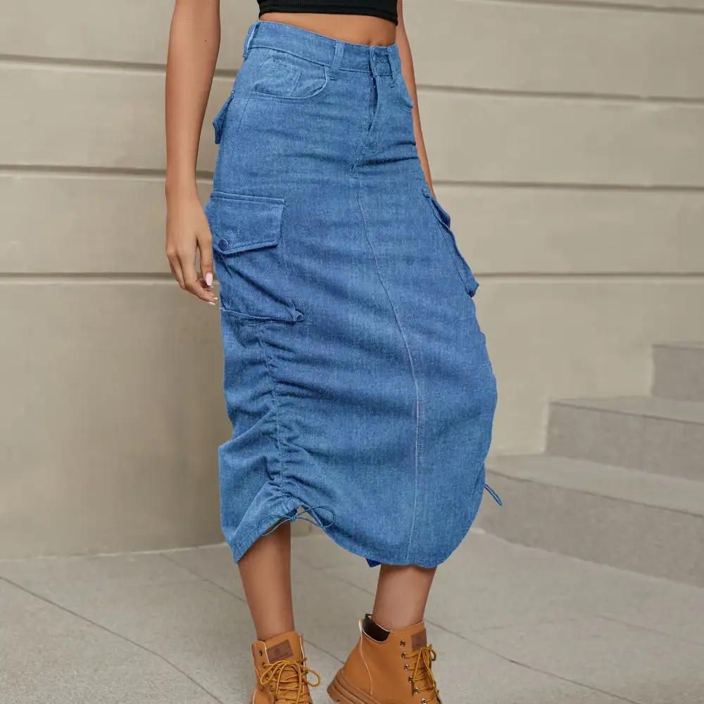 Drawstring Ruched Slit Midi Skirt